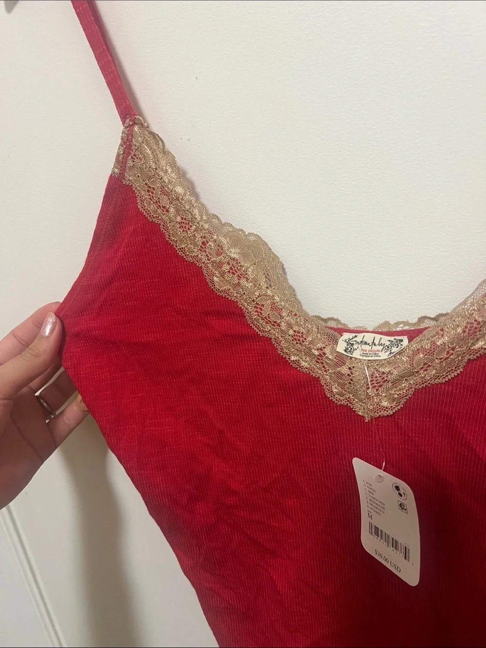 Free People Tango Red Lace-Trim Ribbed Cami